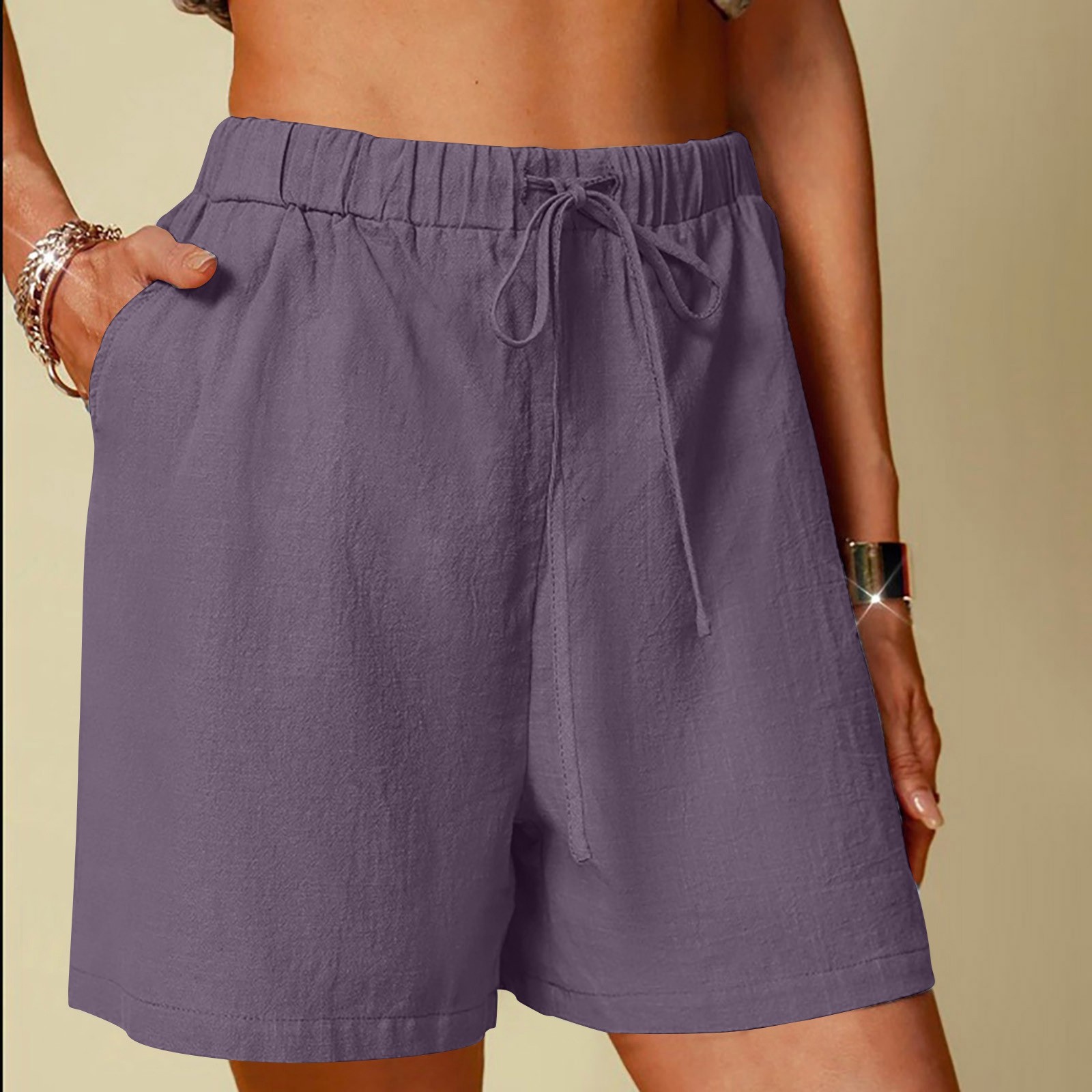 thumbnail image 2 of Pantalones cortos anchos de lino de color liso para mujer: cómodos pantalones de ocio de cinco octavos, 2 of 5